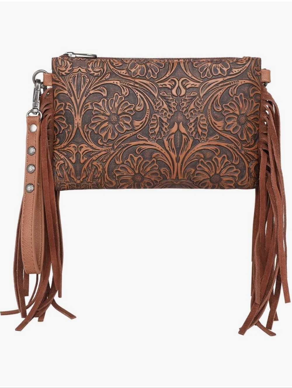 👜 Montana West Brown Embossed Leather Fringe Western-Style Crossbody/Clutch